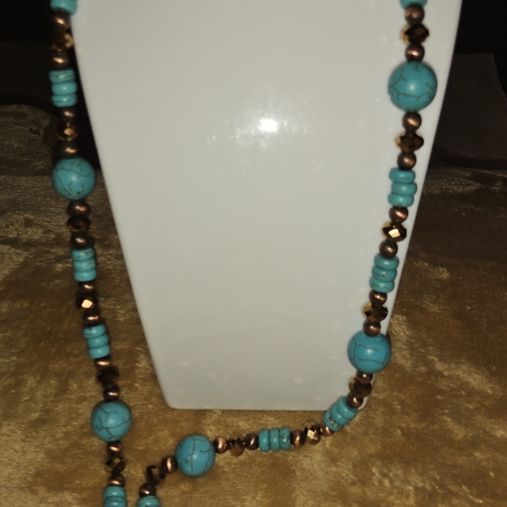 Turquoise Bead Necklace with Bronze Accents - Women Jewelry - Picture 3 of 4